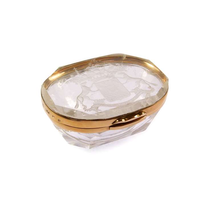 19th century Russian carved rock crystal and gold mounted box engraved with the arms of Prince Stroganov